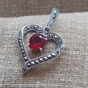 Silver Marcasite Accent Red Stone Heart Pendant
